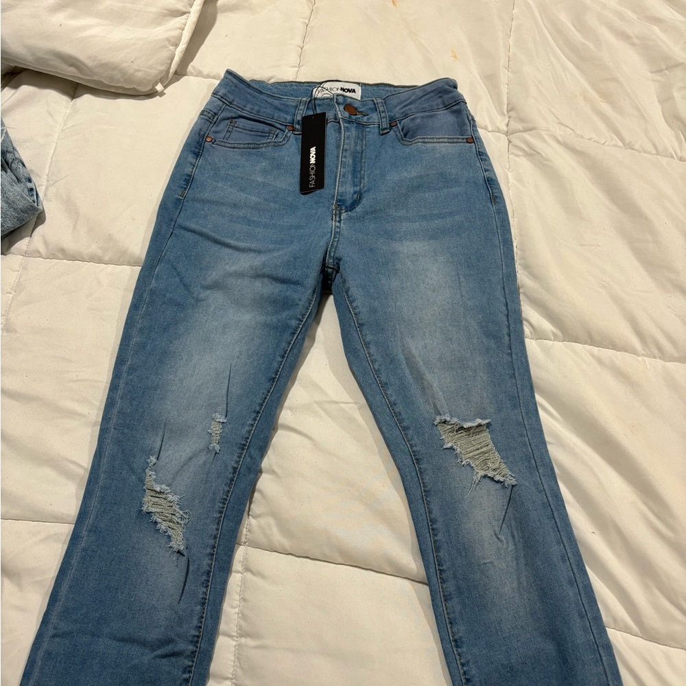 Fashion Nova Blue Straight Leg Jeans Distressed Style